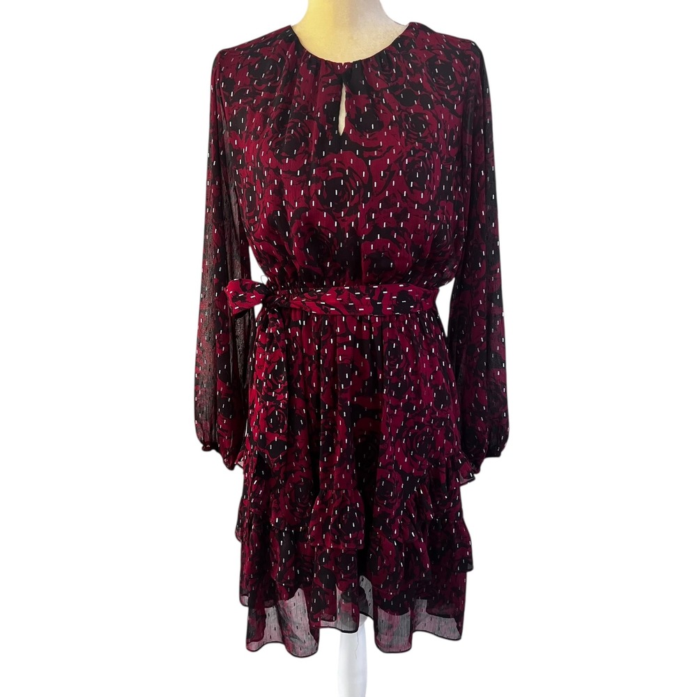 SIMPLY VERA Vera Wang Dress Women's‎ Burgundy Rose Metallic Dot Tiered Ruffle  M - Picture 9 of 9